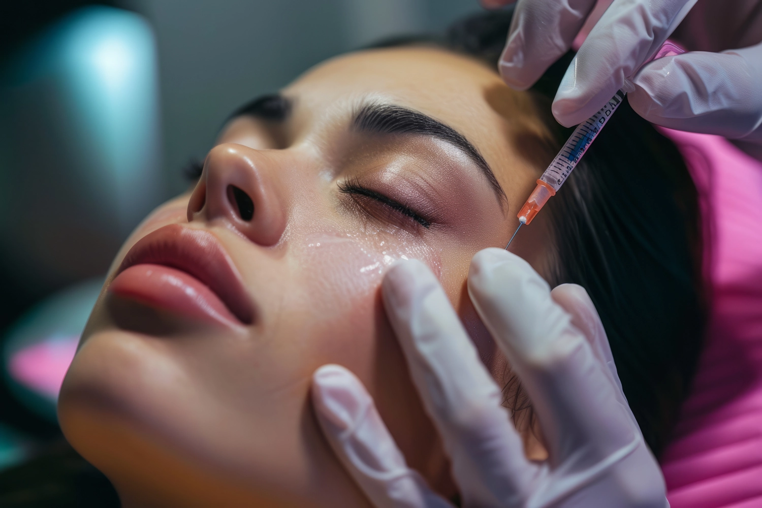 Privatpraxis Dr. Kusian - ästhetische Medizin - Dieses Bild zeigt eine kosmetische Injektion, wahrscheinlich Botox oder Hautfüller, die in die Augenpartie verabreicht wird, um Falten zu reduzieren.